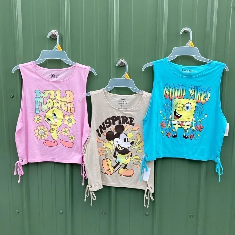 Women’s Junior’s SpongeBob Tweety & Mickey Side Tie Knit Tank Tops 3-Pack Size L